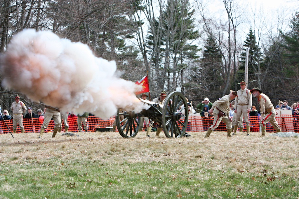 Brass cannon of Concord Independent Battery at Old North Bridge on Patriots Day, Concord, Massachusetts