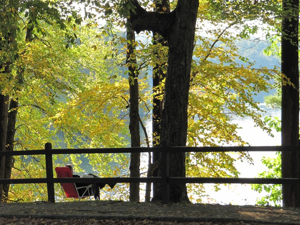 Enjoying the autumn foliage colors at Walden Pond, Concord MA.