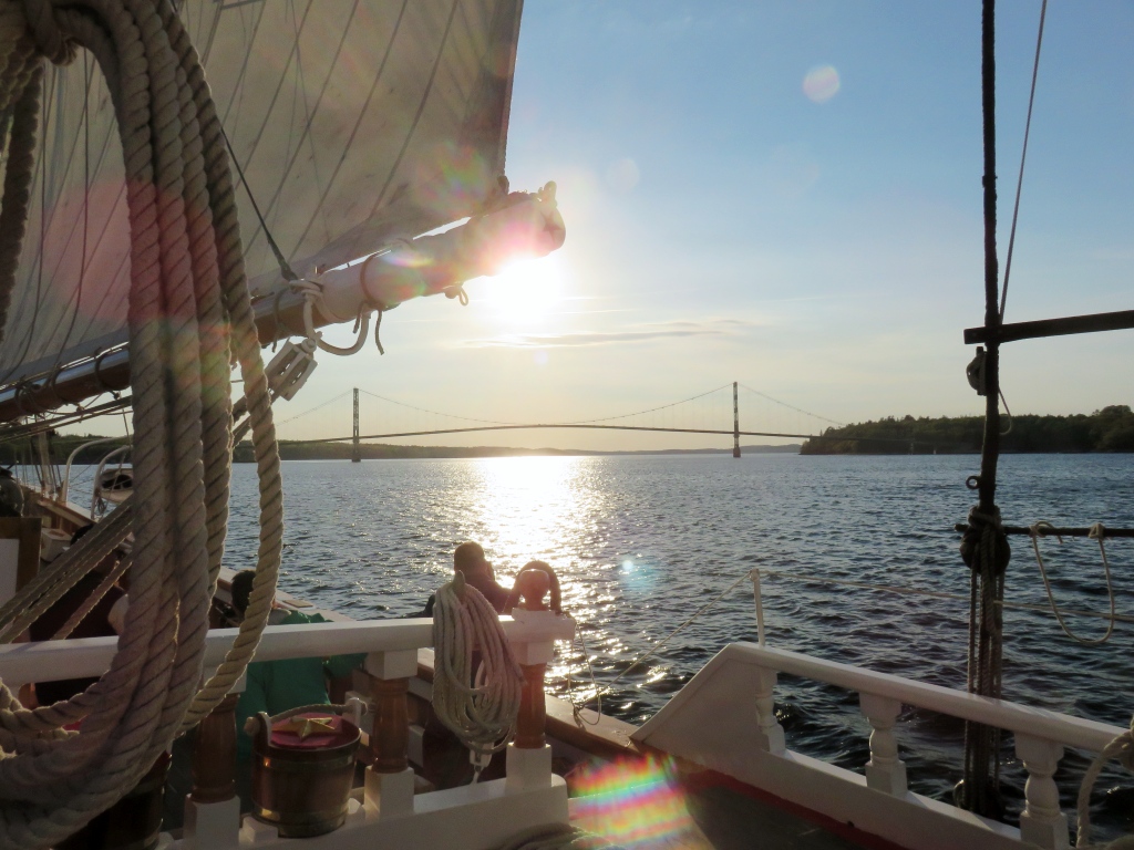 Windjammer Victory Chimes approaches Deer Isle Bridge, Maine