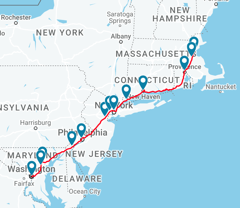 Map of Amtrak Acela Express Trains in New England