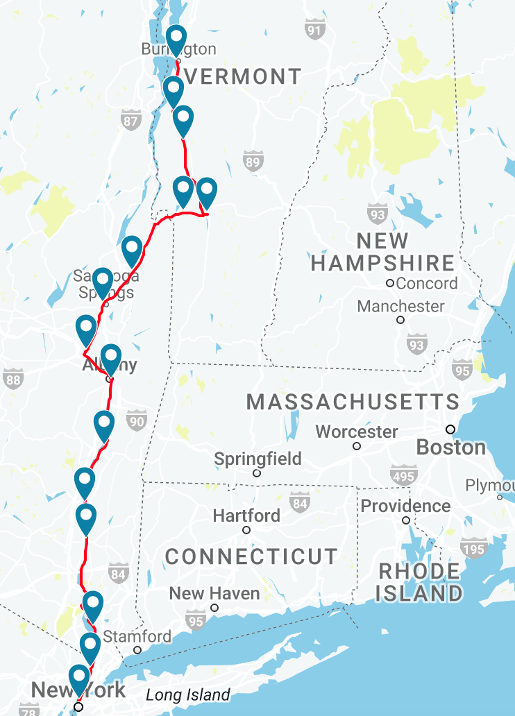 Amtrak's Ethan Allen express train route map.